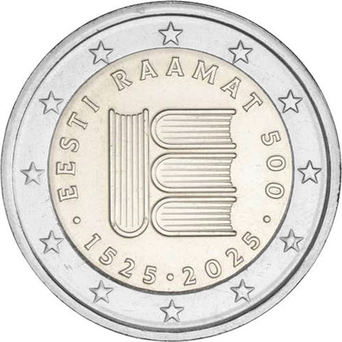 Estonia 2025 - 2 € 500° anniversario del primo testo stampato Estonia 2025 - 2 € 500° anniversario del primo testo stampato